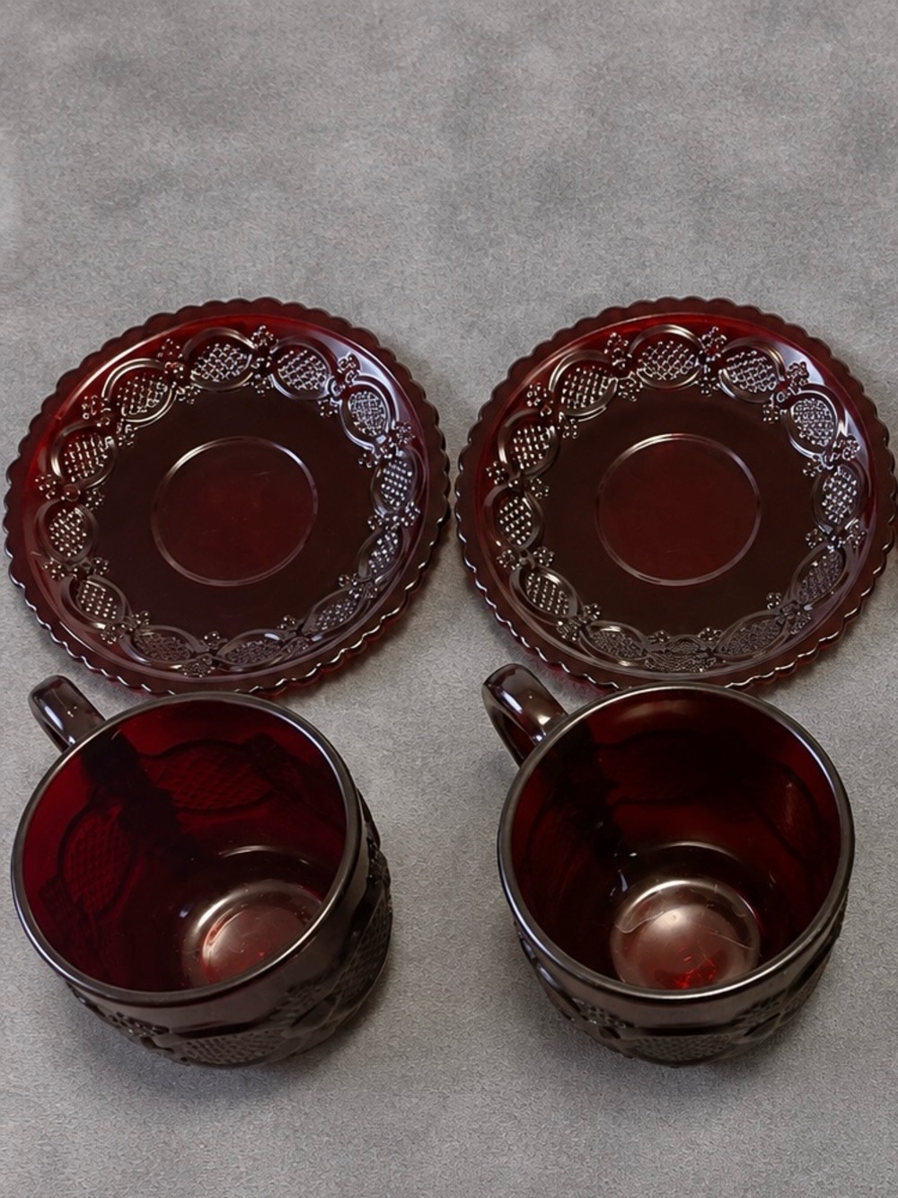 Avon cape cod Deep Ruby Glass Cup and Saucer Set of 2